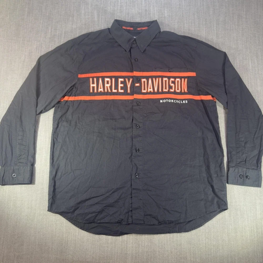 Harley-Davidson Shirt Mens XL Black Long Sleeve Button Up Motorcycles Graphic